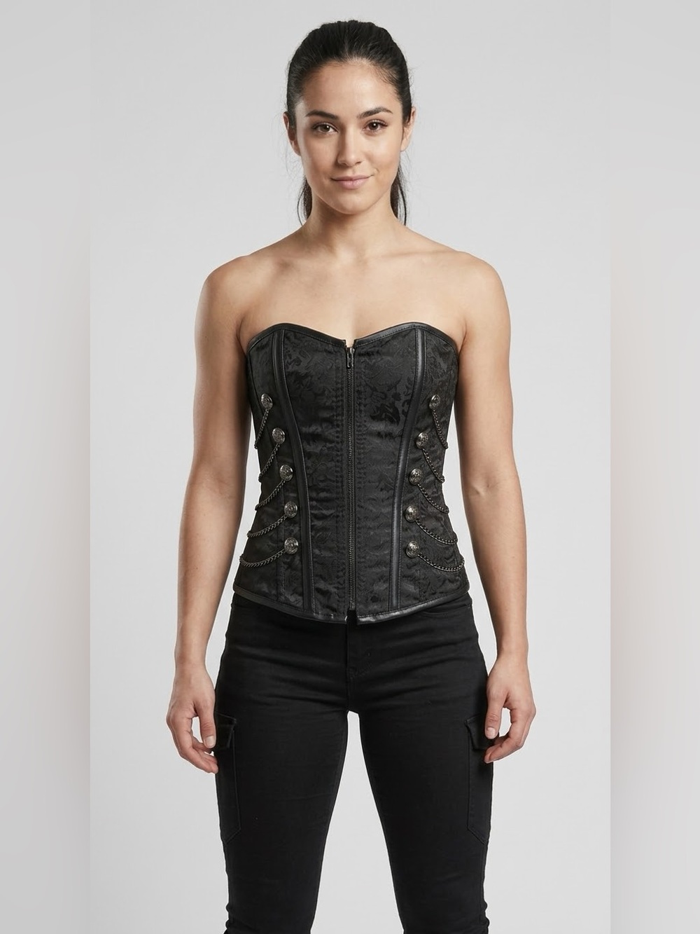 Gothic Brocade Overbust Corset Top - Chain & Lion Crest Button Detail Black